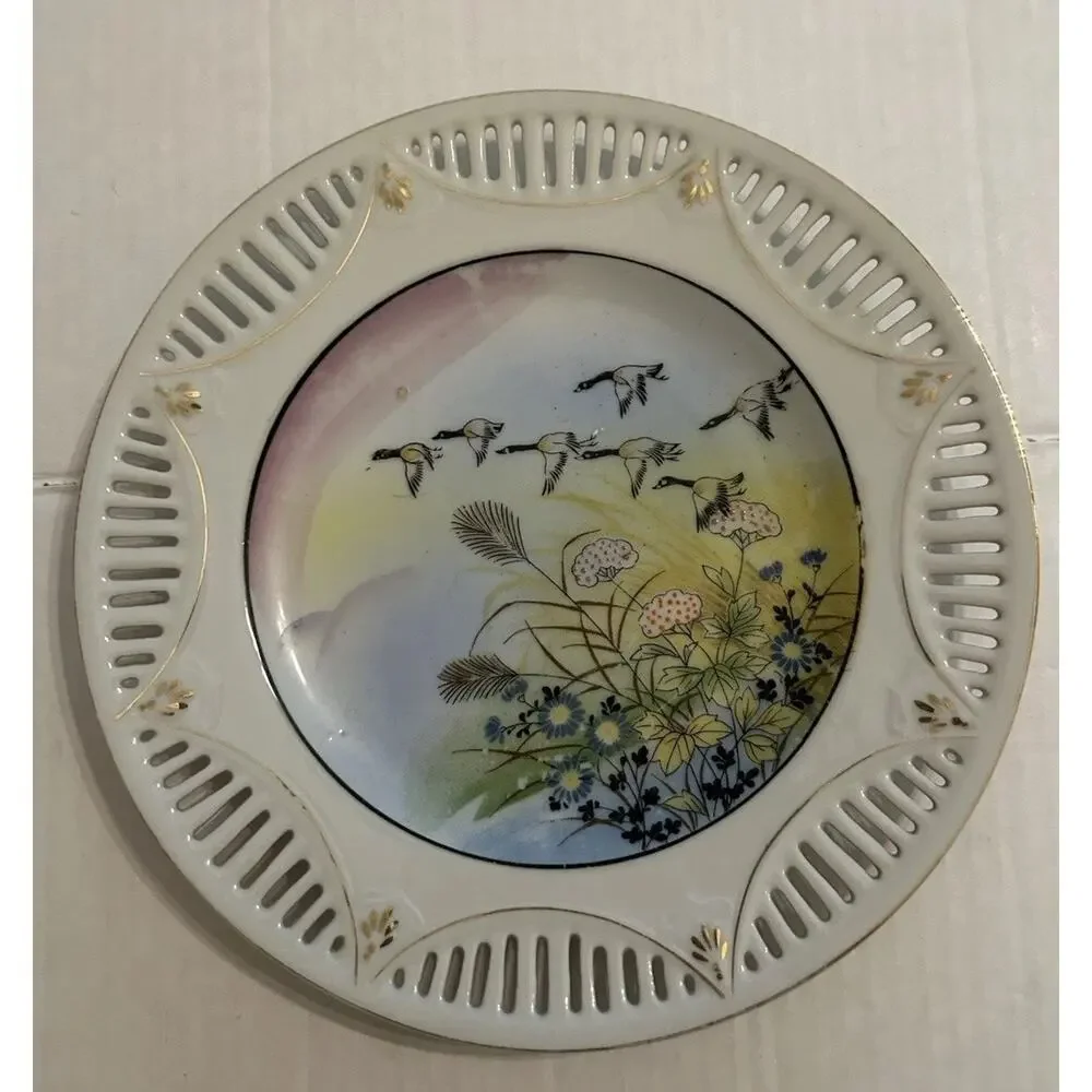 Antique Nippon Hand Painted Moriage Reticulated 9” Plate Floral Geese Gold Gilde
